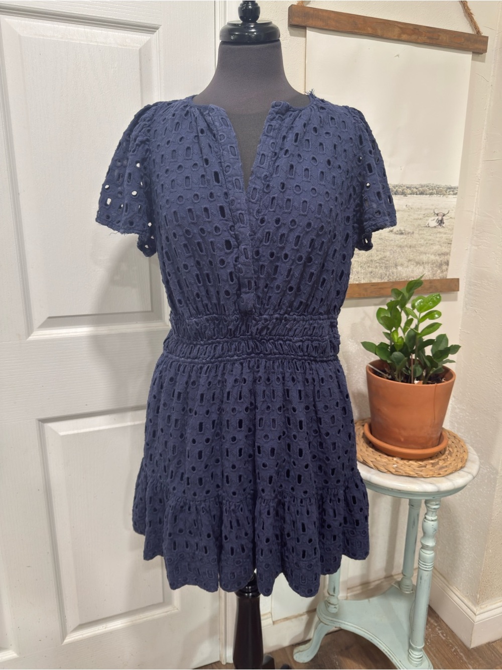 Anthropologie Navy Eyelet Short Dress with Smocked Waist